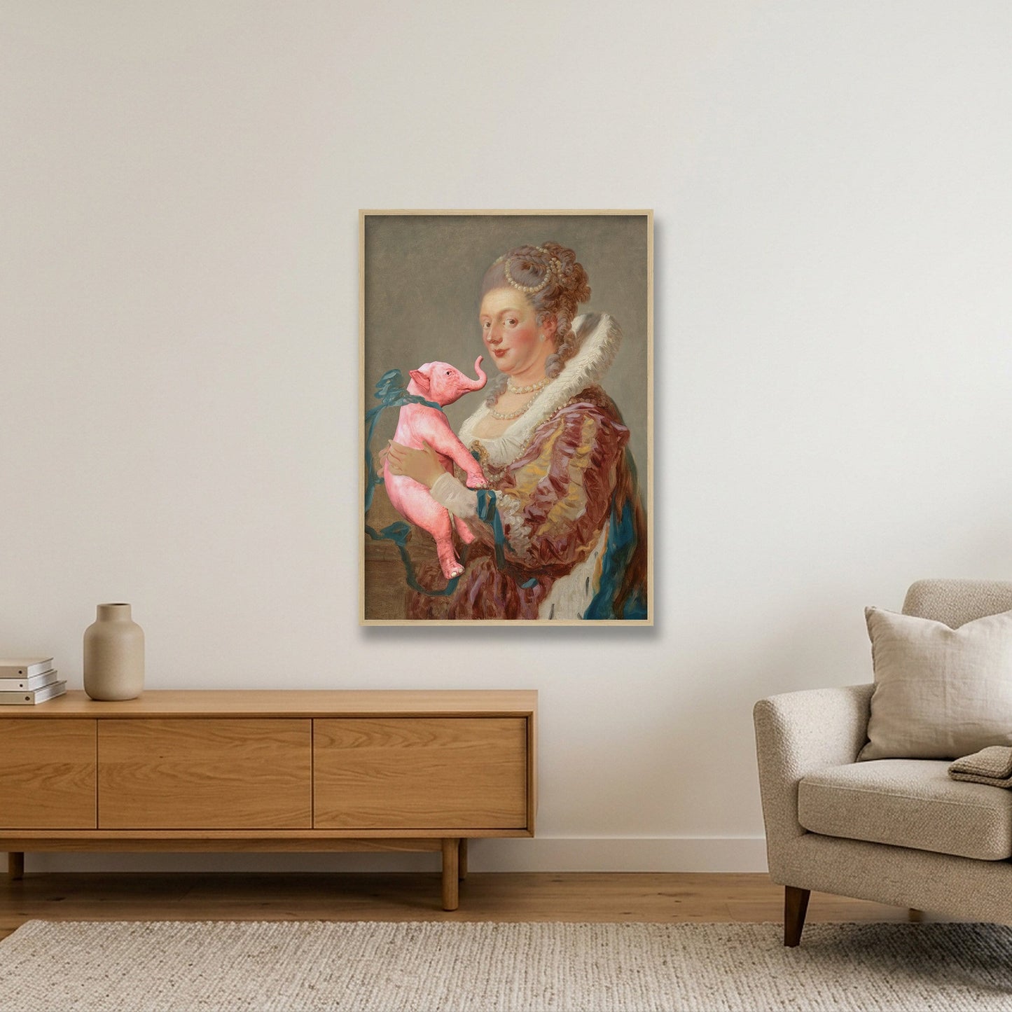 Dream On // Woman With Strange Pet — 70×100cm, 28×39" Oak Frame