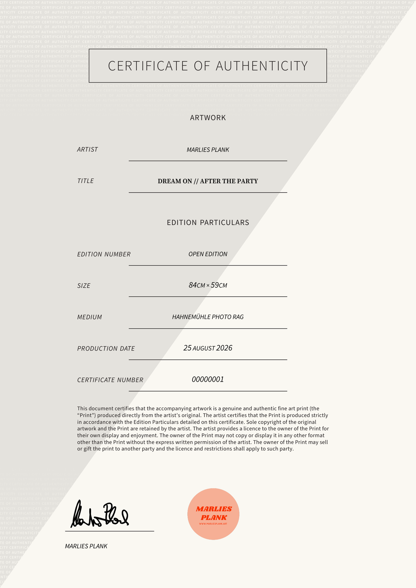 Dream On // After The Party — Certificate of Authenticity