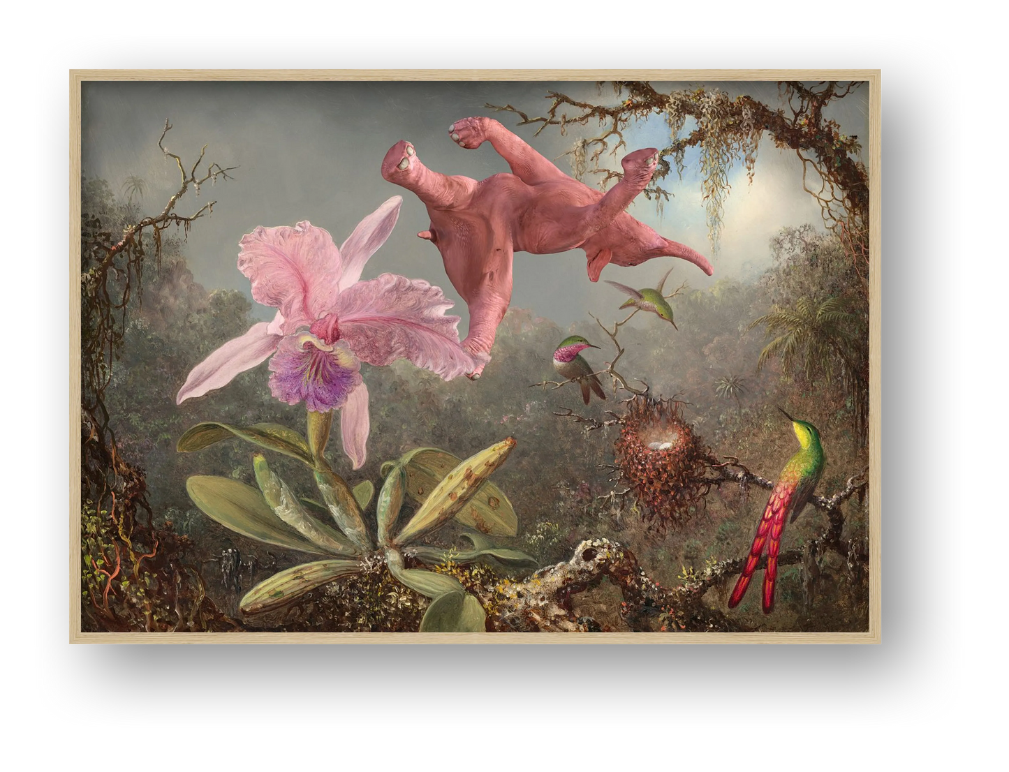 Dream On // 1 Orchid 3 Hummingbirds and 1 Pink Elephant — framed