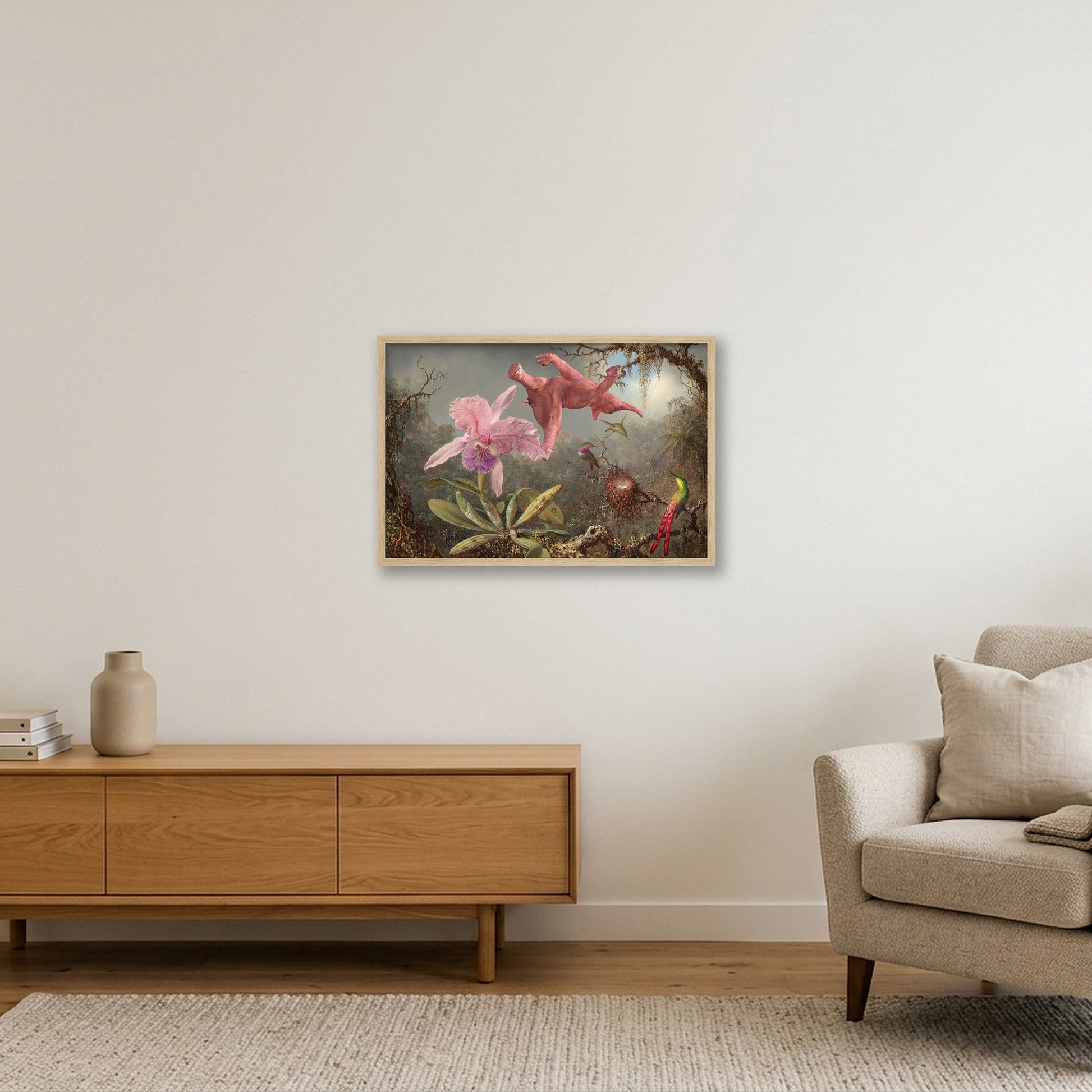 Dream On // 1 Orchid 3 Hummingbirds and 1 Pink Elephant — 60×40cm, 24×16" Oak Frame