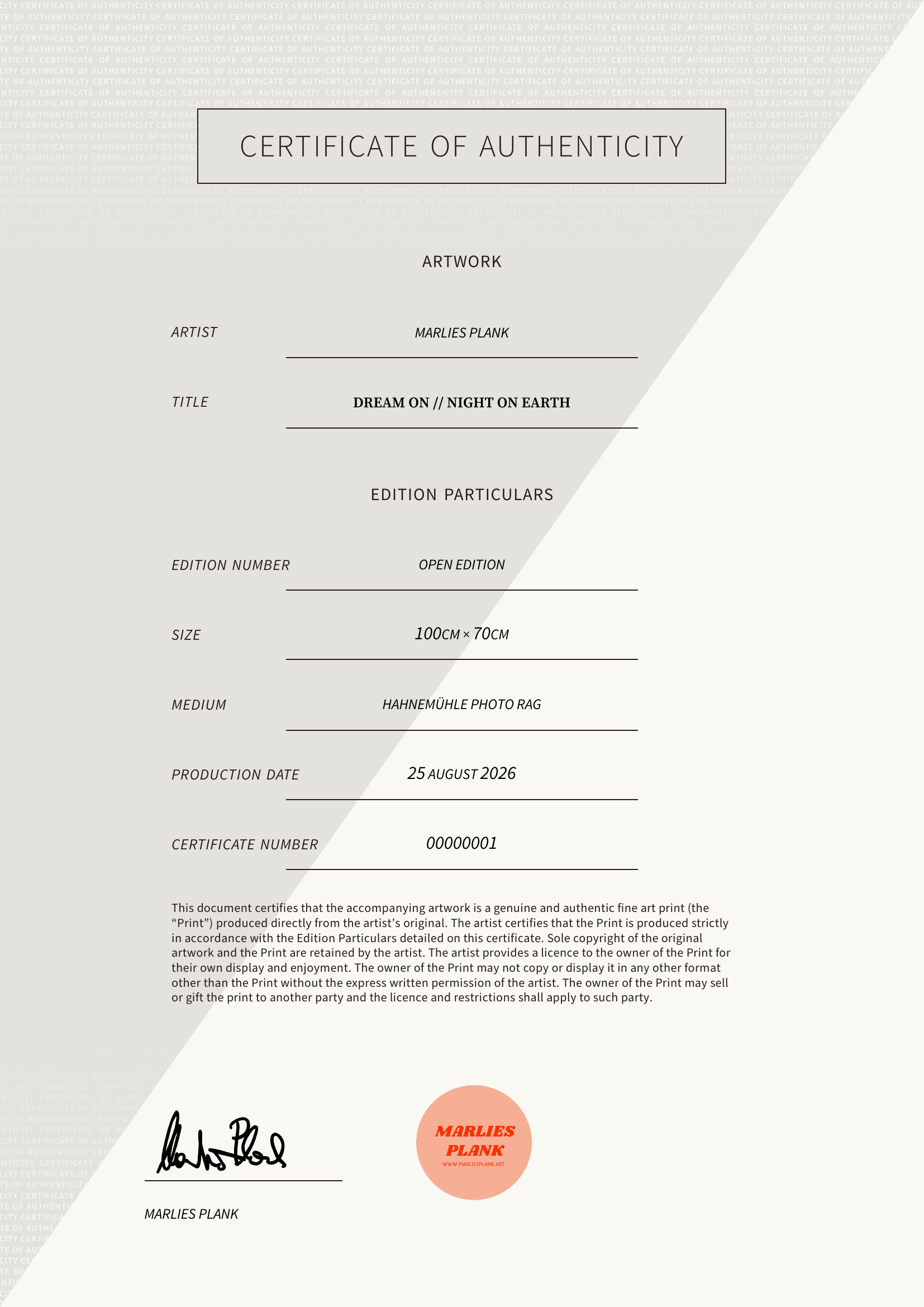 Dream On // Night On Earth — Certificate of Authenticity