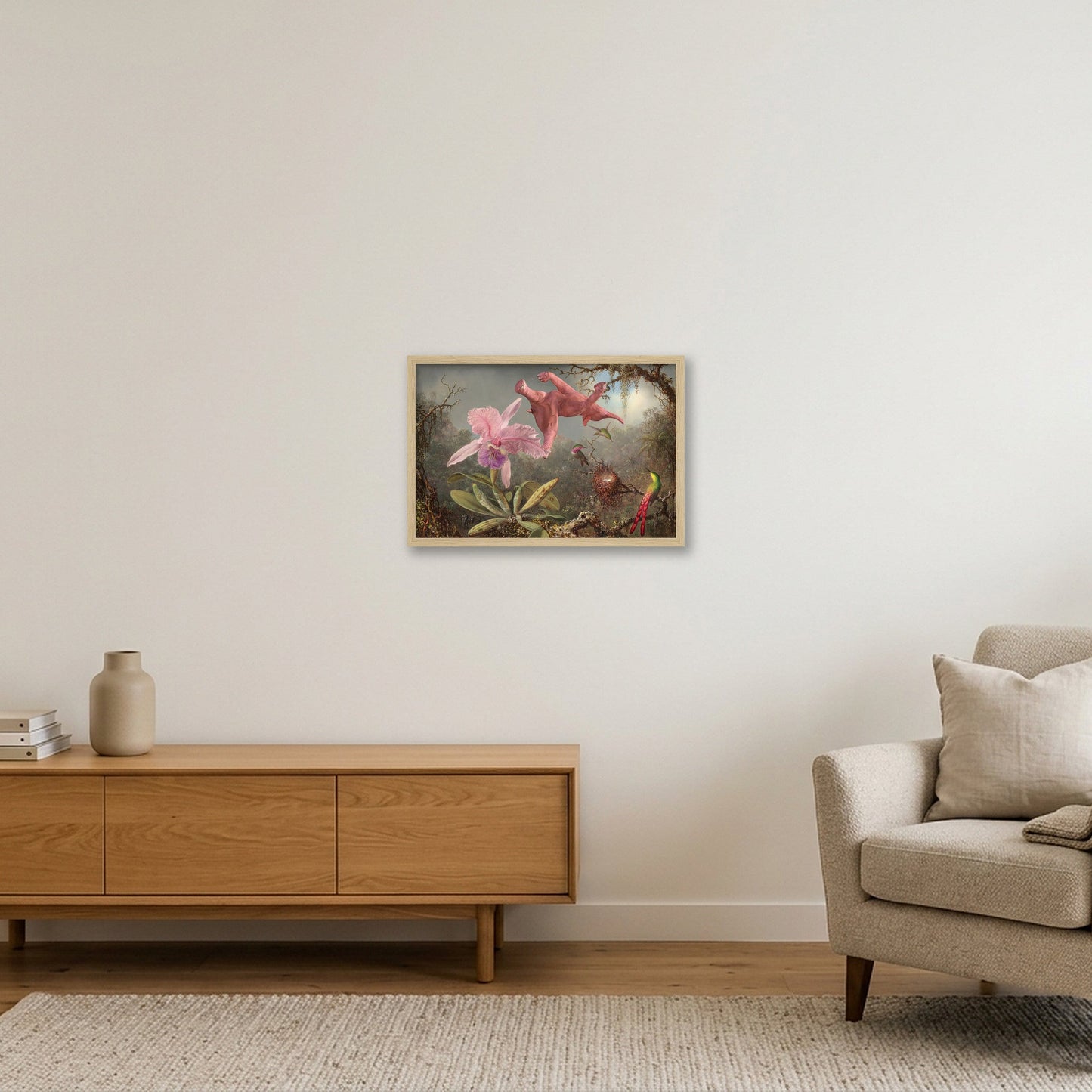 Dream On // 1 Orchid 3 Hummingbirds and 1 Pink Elephant — 45×30cm, 18×12" Oak Frame