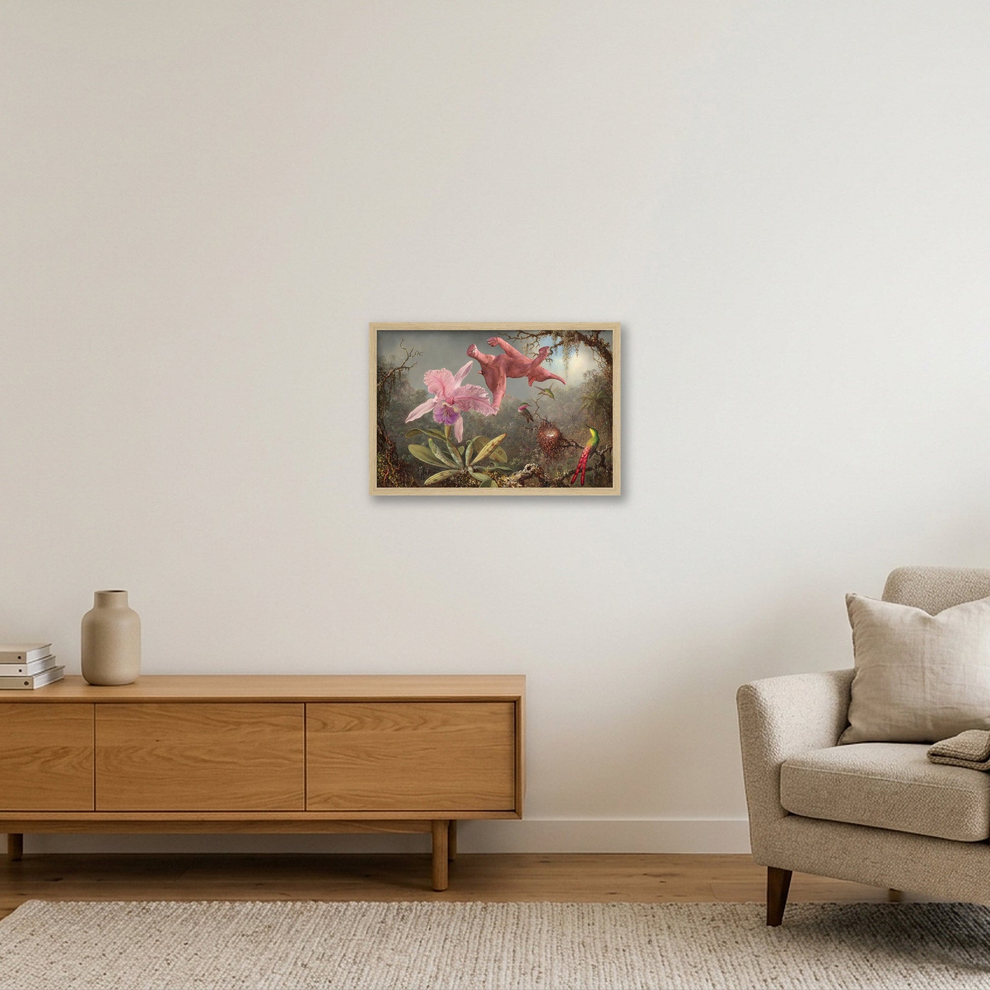 Dream On // 1 Orchid 3 Hummingbirds and 1 Pink Elephant — 45×30cm, 18×12" Oak Frame