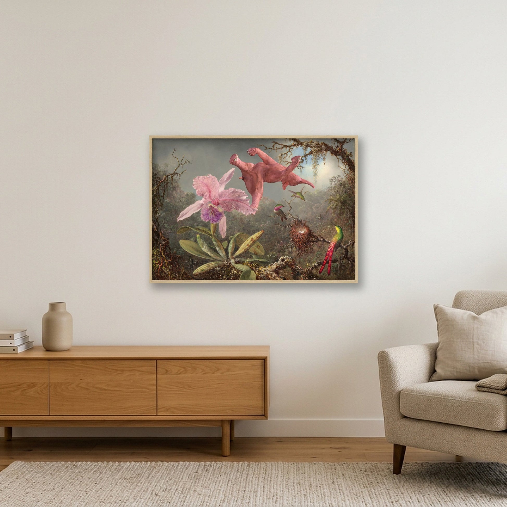 Dream On // 1 Orchid 3 Hummingbirds and 1 Pink Elephant — 100×70cm, 39×28" Oak Frame