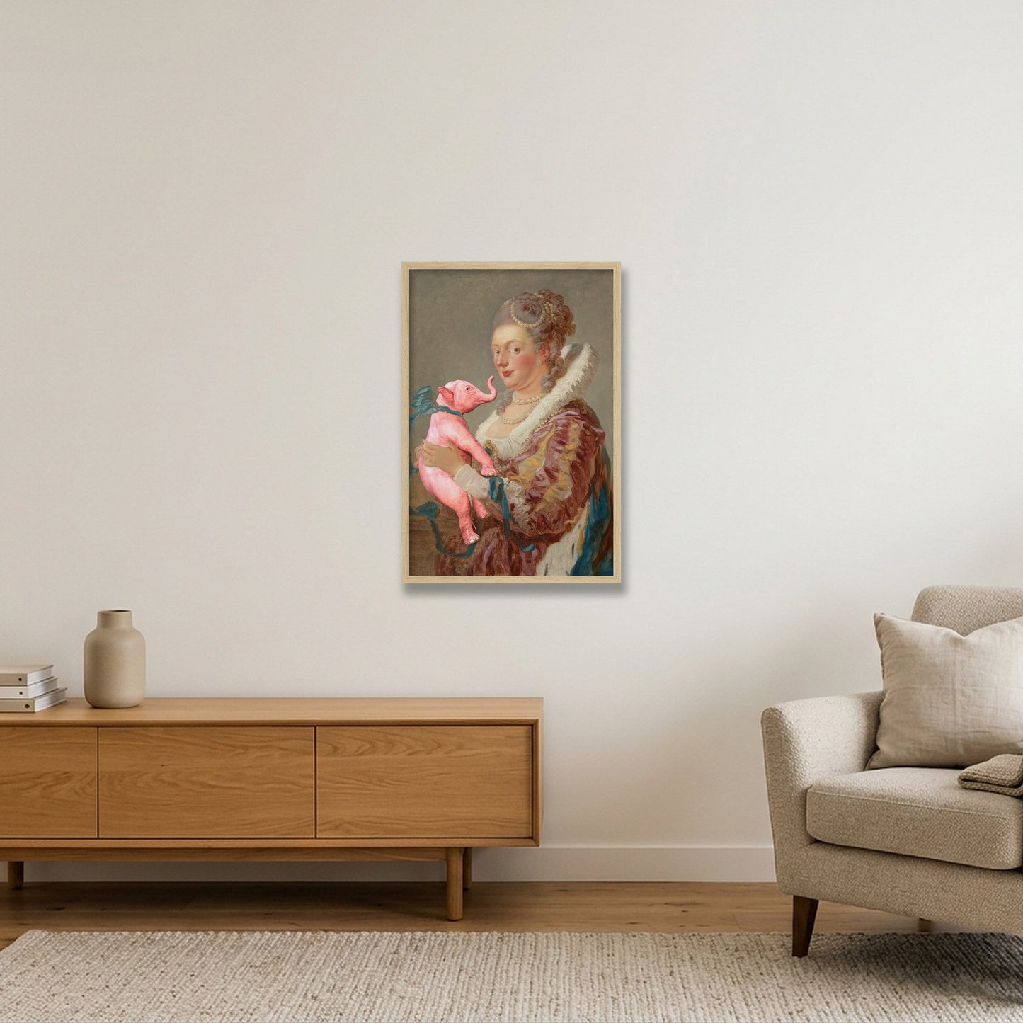 Dream On // Woman With Strange Pet — 40×60cm, 16×24" Oak Frame